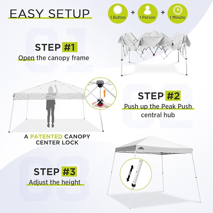 EAGLE PEAK 11x11 Slant Leg Pop-up Canopy Tent Easy One Person Setup Instant Outdoor Beach Canopy Folding Portable Sports Shelter 11' x 11' Base 9' x 9' Top (White)