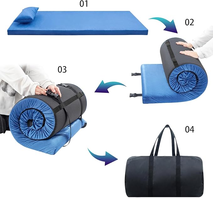 Sleeping Pad,3-inch Thick Memory Foam Camping Mattress,Portable Roll-Up Mat for Car/Tent/Floor/Cot/Travel,Comfortable Pad for Guests Sleepover