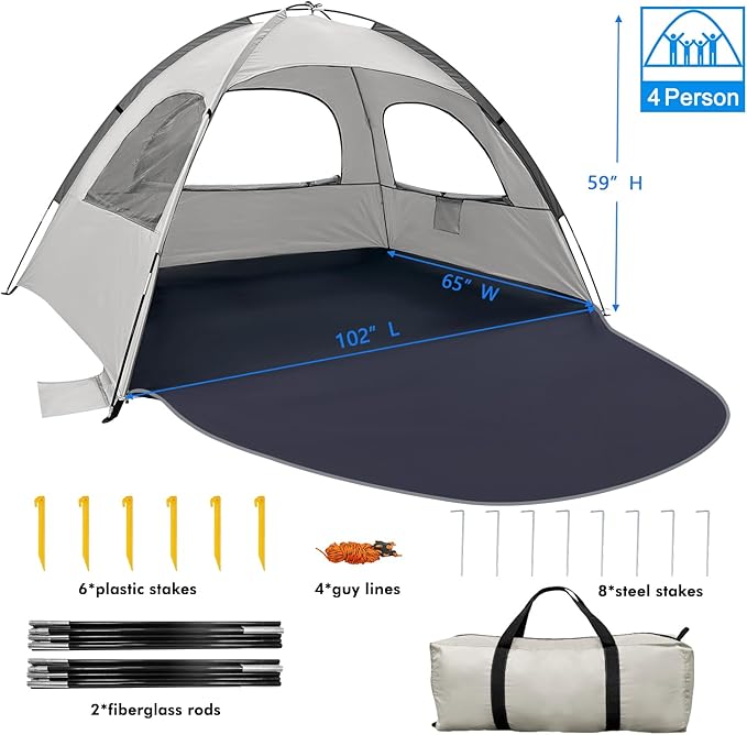 WhiteFang Beach Tent Anti-UV Portable Sun Shade Shelter for 3/4/6/8 Person, Extendable Floor with 3 Ventilating Mesh Windows Plus Carrying Bag, Stakes and Guy Lines