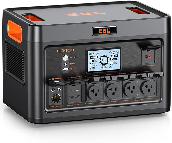 EBL Portable Power Station 2400W, 1843.2Wh Solar Generator LiFePO4 (LFP) Battery(4800W Surge), 2 Hours Fast AC Charging, 4 AC Outlets, 100W USB-C PD Output, 11-Port for Home Use, Outdoor Camping