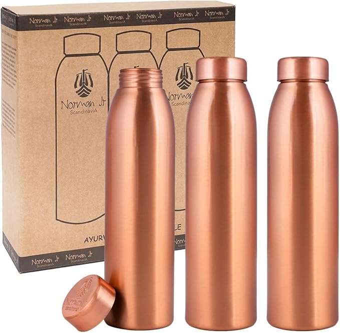 NORMAN JR, Copper Water Bottle 1L - Gift Box of 3, Plain, an Ayurvedic vessel made of pure copper - helps you drink more water with many health benefits
