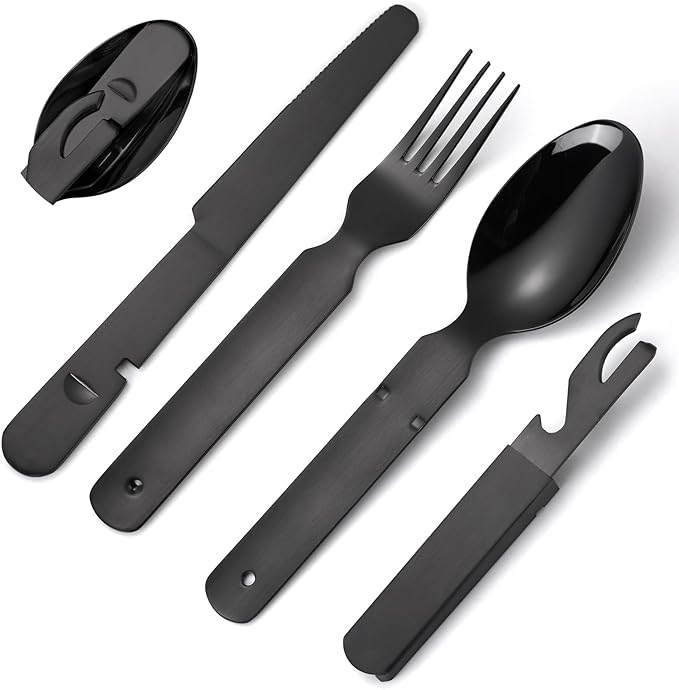 Portable Silverware Black Flatware Camping Cutlery Stainless Steel Spoon Fork Knife and Bottle Opener 4 Pieces Utensil Outdoor Travel Foldable Easy to Clean