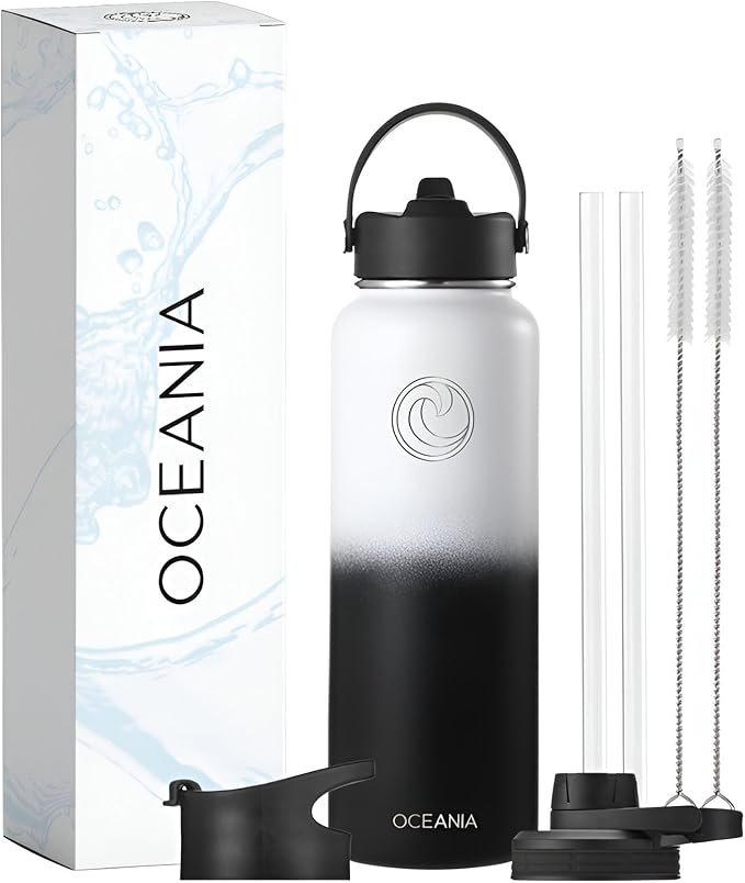 Oceania Flask 40oz Stainless Steel Water Bottles | Modern, Leakproof, Vacuum Insulated with 3 Lids, 3 Straws & 2 Straw Cleaning Brushes | Simple Lightweight Camping & Hiking Hydration Canteens