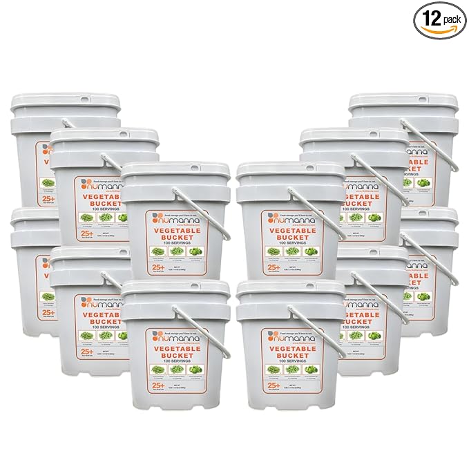Numanna Dozen Emergency Freeze-Dried 12 Vegetables Buckets 1200 Servings Contains Peas, Green Beans & Broccoli | Non-GMO, No Preservatives, No MSG Camping & Emergency Survival Food 25 Years Shelf Life
