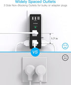 Surge Protector Outlet Extender, Rotating Plug, PD 20W, 6 AC Multi Plug Outlet with 3 USB Ports (2 USB C), 1800 Joules 3-Sided Swivel Power Strip with Spaced Outlet Splitter for Home Office Dorm - BK