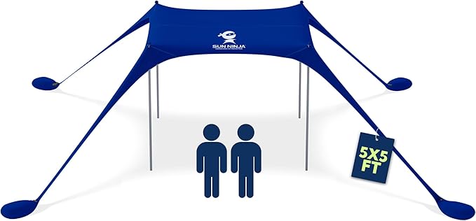SUN NINJA Beach Tent Sun Shelter UPF50+ - Easy Pop Up Beach Canopy - Outdoor Shade for Camping Trips, Fishing, Backyard Fun Picnics - Sand Shovel, Ground Pegs & Stability Poles