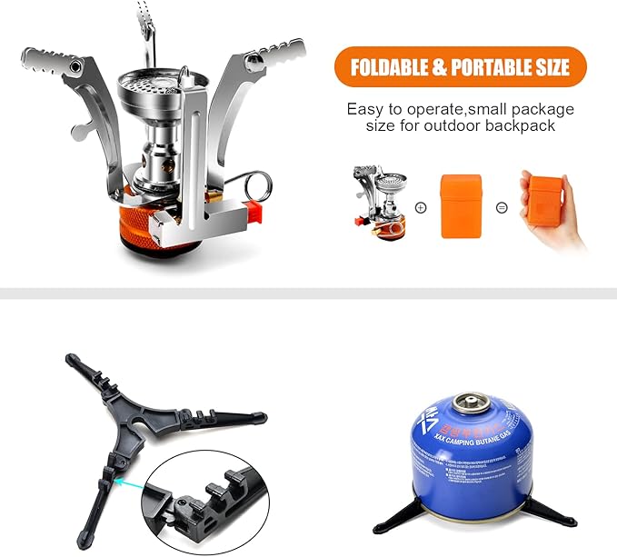 Odoland Camping Cookware Stove Carabiner Canister Stand Tripod and Stainless Steel Cup, Tank Bracket, Fork Spoon Kit for Backpacking, Outdoor Camping Hiking and Picnic