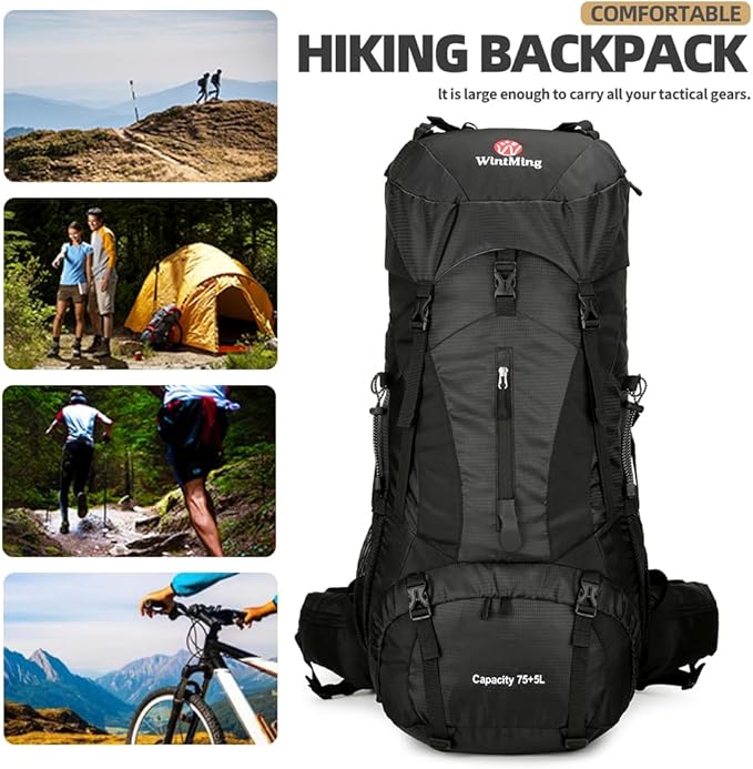 WintMing 75L Hiking Backpack with Rain Cover Waterproof Camping Backpack Shoes Warehouse for Men Women