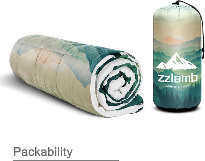 zzlamb Sherpa Puffy Camping Blanket,Packable Outdoor Warm Wearable Fleece Blankets for Cold Weather,Thick Camp Quilt with Sherpa Lining for Sleeping,Traveling,Backpacking,Picnics,Beach,Stadium 52x75in