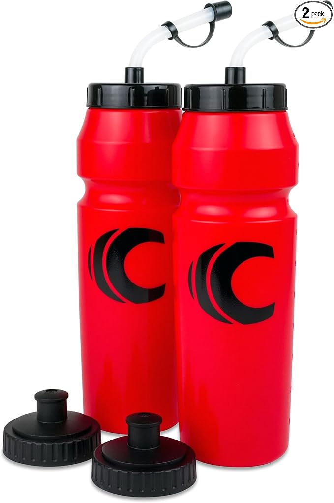 Cannon Sports 1 Liter Sports Water Bottle, BPA-Free, 34 Oz Capacity, Large Mouth, 2 lids (Straw and Squeeze), Great For Helmet Sports Such As Hockey, Lacrosse, Football, Boxing (2 Pack) (Red)