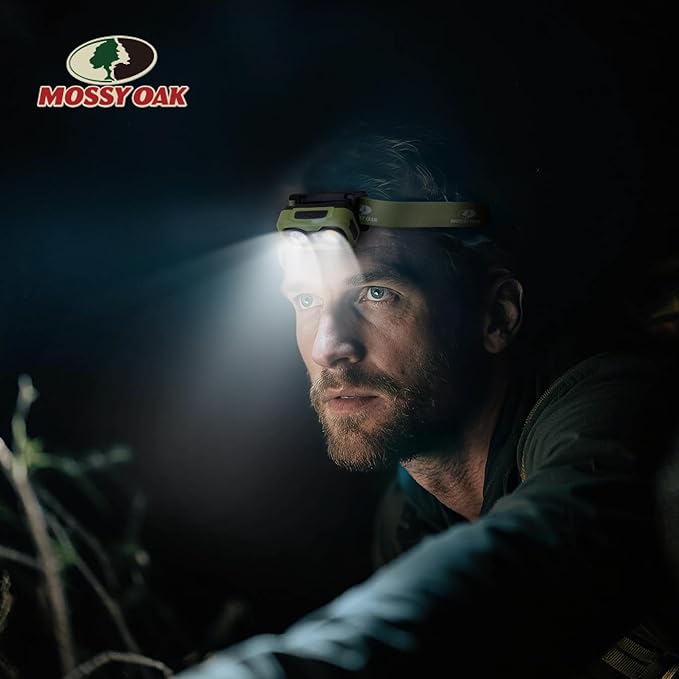 Mossy Oak 600 Lumens Rechargeable Headlamp, Lightweight LED Headlight with White & Red Light, Waterproof Head Lamp with Non-Slip Band, Dimmable & Memory Function for Camping, Running, Hiking, Outdoor
