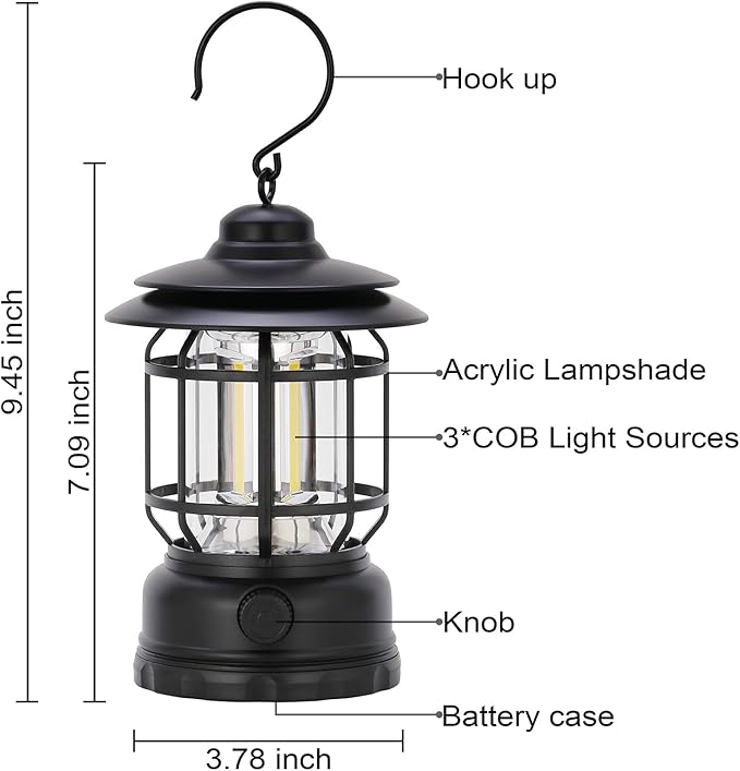 Camping Lanterns Rechargeable, Portable Electric LED Camping Lights Outdoor Hanging Tent Light Vintage Tabletop Lantern Decor Stepless Dimming Waterproof for Camping, Power Outages, Indoor (Black)