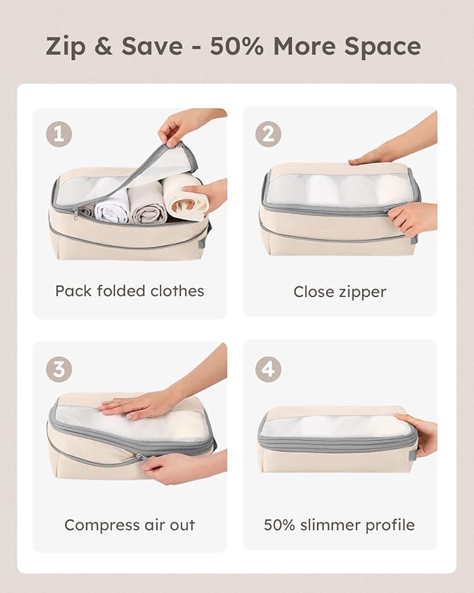 6 Set Compression Packing Cubes for Travel, Bonus Versatile Drawstring Backpack, Lightweight Luggage Organizer Bags, Sturdy Travel Accessories for Suitcase, Beige