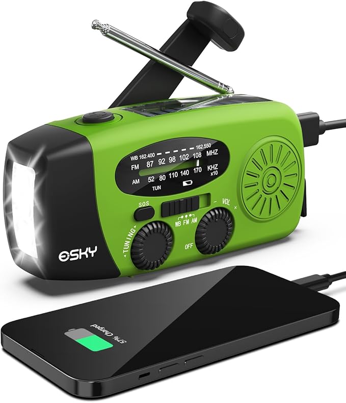 Esky Emergency Hand Crank Radio with 3 LED Flashlight, AM/FM/NOAA Portable Weather Radio with 2000mAh Power Bank Phone Charger, Solar Powered USB Rechargeable Radio for Indoor Outdoor Camping, Green