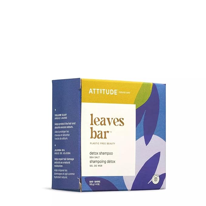ATTITUDE Detox Shampoo Bar, Natural Origin, Ideal for Oily Hair, Jojoba Oil & Yellow Clay, EWG Verified & Clean ingredients, Vegan, Sea Salt, 4 Oz