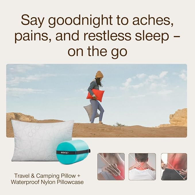 Coop Home Goods Original Adjustable Travel Pillow and Waterproof Pillow Protector Grey Bundle with Compressible Stuff Sack, Medium-Firm Memory Foam and Washable Cover, CertiPUR-US Certified (19x13)