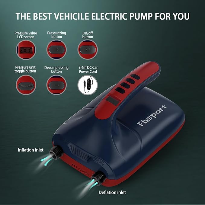 FBSPORT 20PSI High Pressure SUP Vehicle Electric Air Pump, Inflation Paddle Board Pump for Stand Up Paddle Boards, Inflation & Deflation Function Quick Air Inflator for Paddleboards