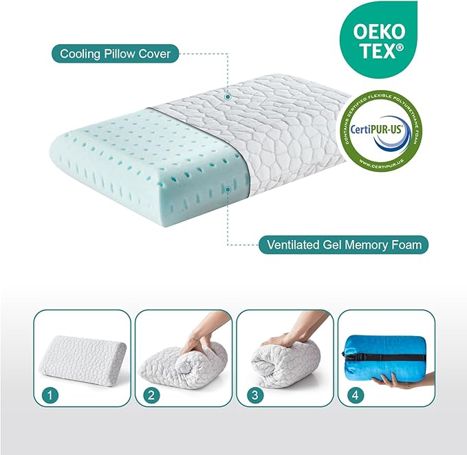 Travel Pillow Camping Pillow Small Cooling Gel Memory Foam Pillow, Compressible Medium Firm, Breathable Cover, Ideal Backpacking Hiking, Airplane and Car