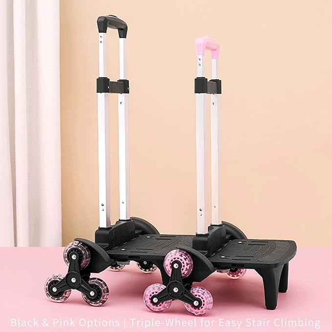 Lightweight Foldable Backpack Trolley – Pink 3-Wheel Rolling Hand Truck with Strap, Portable Folding Cart for Backpack, Travel, Commuting, and Daily Utility Use