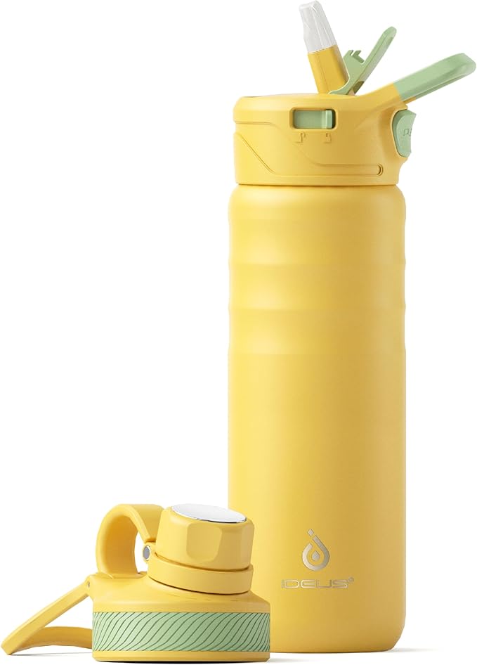 IDEUS Insulated Stainless Steel Water Bottle with 2 Leak-Proof Lids, Thermal Water Flask for Hiking Biking, 24oz, Bright Yellow