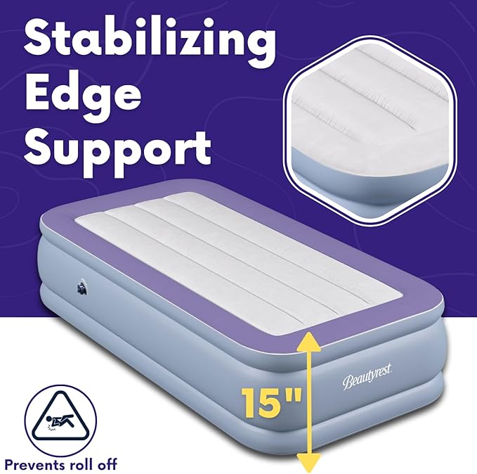 Beautyrest Hi-Loft Twin Size Air Mattress with Vertical Beam Construction, Edge Support, External Pump and Puncture Resistant Vinyl for Guests and Camping
