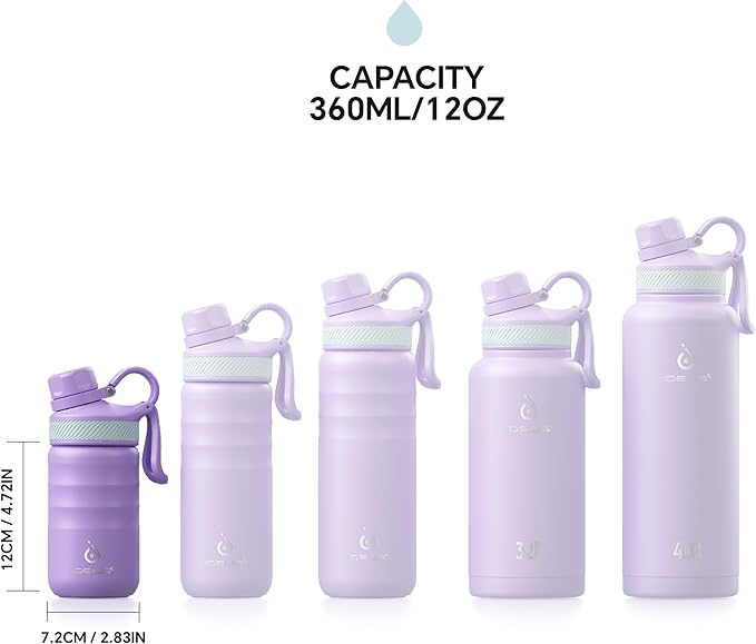 IDEUS Insulated Water Bottle 12oz, Stainless Steel Insulated Water Bottle For School, Insulated Bottles With Straws Leakproof, Vacuum Double Wall Water Bottles For Boys And Girls With 2 Lids, BPA Free