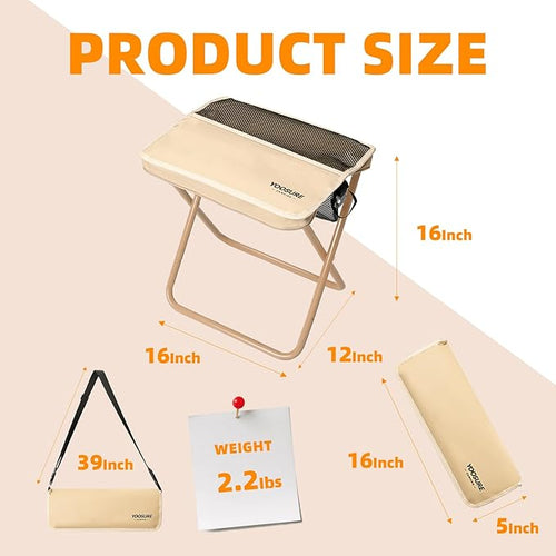 16" Extra Tall XL Portable Chair for Adults, Collapsible Purse Chair Heavy Duty Camp Seat with 3 Storage Pockets for Fishing Hiking Gardening, Lightweight Travel Purse Stool