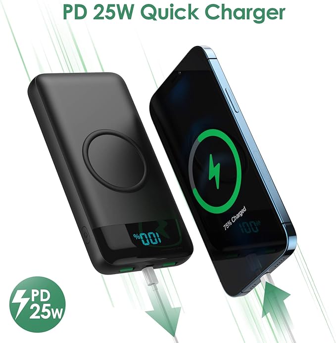 Wireless Portable Charger 30,800mAh 15W Wireless Charging 25W PD QC4.0 Fast Charging Smart LCD Display USB-C Power Bank, 4 Output External Battery Pack Compatible with iPhone 16/15/14/13, Samsung etc