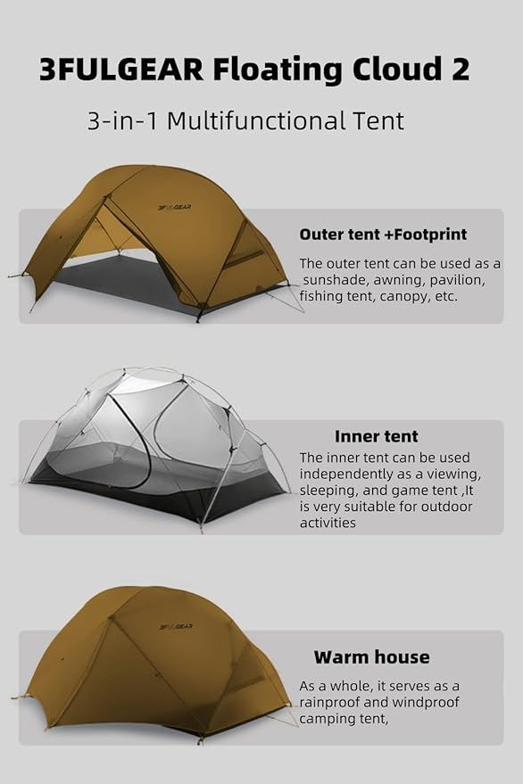 3FULGEAR Backpacking Tent, Floating Cloud 2 Easy Setup 2 Person 3/4 Season Ultralight Tents Waterproof Windproof Double Layer Lightweight Outdoor Tent for Camping, Hiking, Hunting, Survival