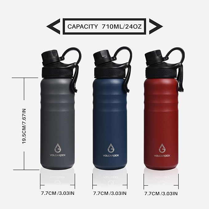 Stainless Steel Sports Water Bottle with Straw Lid Dustproof, 3 Lids, 24/32/40/64 oz BPA Free Vacumm Insulated Water bottle, Leakproof and Sweat Free, Perfect for The Go - 24 Oz Grey