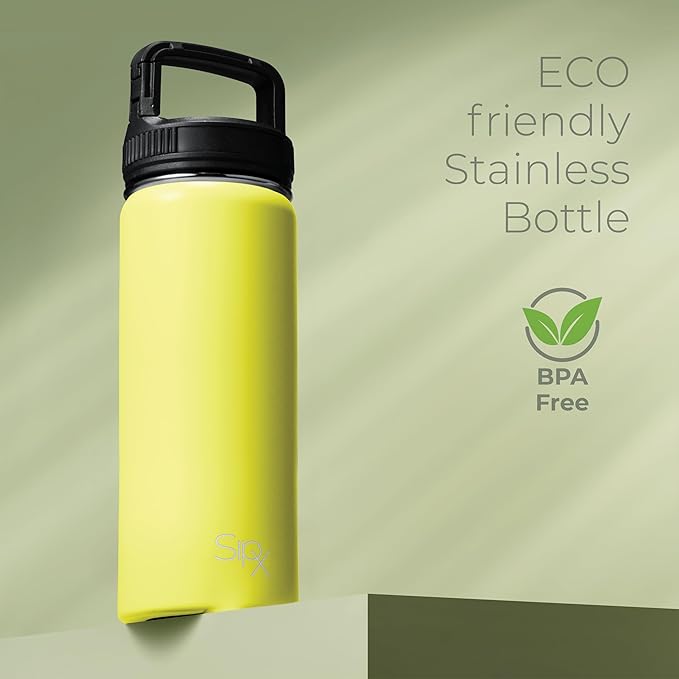 SipX™ Triple-Insulated Stainless Steel Water Bottle 18oz. With 3 Lids, BPA-Free Reusable Insulated Water Bottle Keeps Cold 24 Hours, (Yellow)