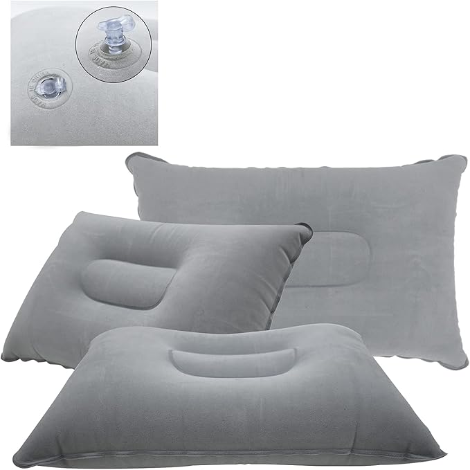 4 Pack Gray Ultralight Inflatable Pillow Small Squared Flocked Fabric Air Pillow for Beach Camping,Traveling,Hiking,Napping,Desk Rest,Neck & Lumbar Support