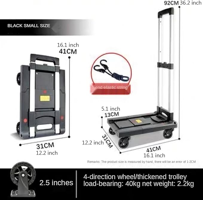 Push Cart Folding Platform Truck Plastic Push Cart Heavy Duty Portable Trolley with Retractable Assis for Luggage Travel Moving Office Platform Hand Truck (Black Mini)
