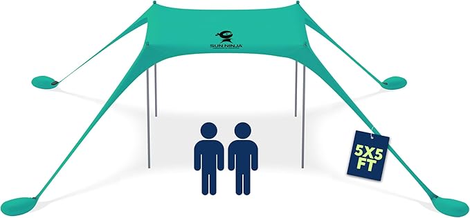 SUN NINJA Beach Tent Sun Shelter UPF50+ - Easy Pop Up Beach Canopy - Outdoor Shade for Camping Trips, Fishing, Backyard Fun Picnics - Sand Shovel, Ground Pegs & Stability Poles