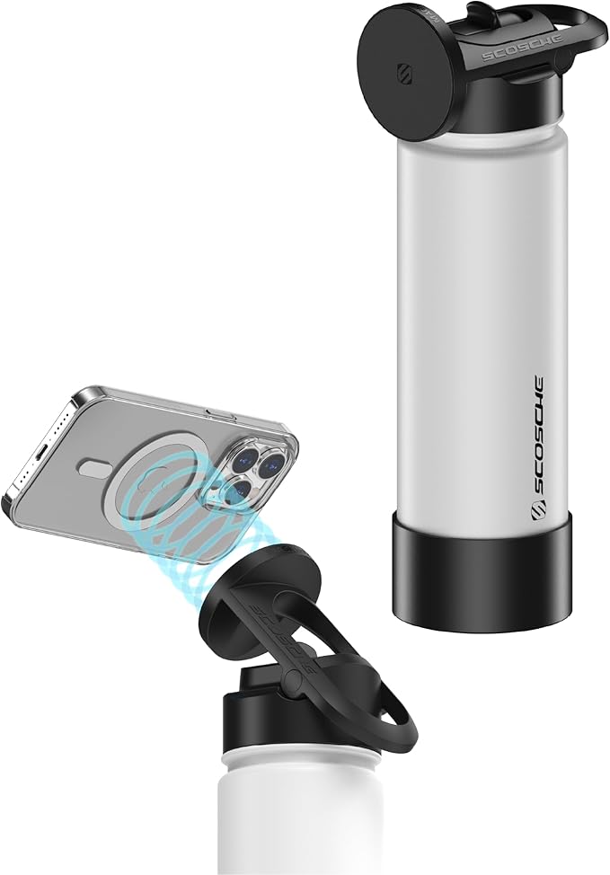 Scosche MFMS22 MagicMount Flask 22 oz Stainless Steel Water Bottle with MagSafe Phone Mount Stand, 12H Hot & 24H Cold Insulated Flask with Magnetic Phone Holder for Gym, Car,Travel, Sports 22oz White
