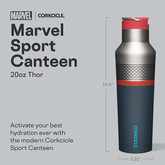 Corkcicle Marvel Sport Canteen - Triple-Insulated Stainless Steel Water Bottle - Straw Cap & Folding Metal Handle - Summer Drinkware Gift - Keeps Drinks Ice Cold - Thor - 20 oz