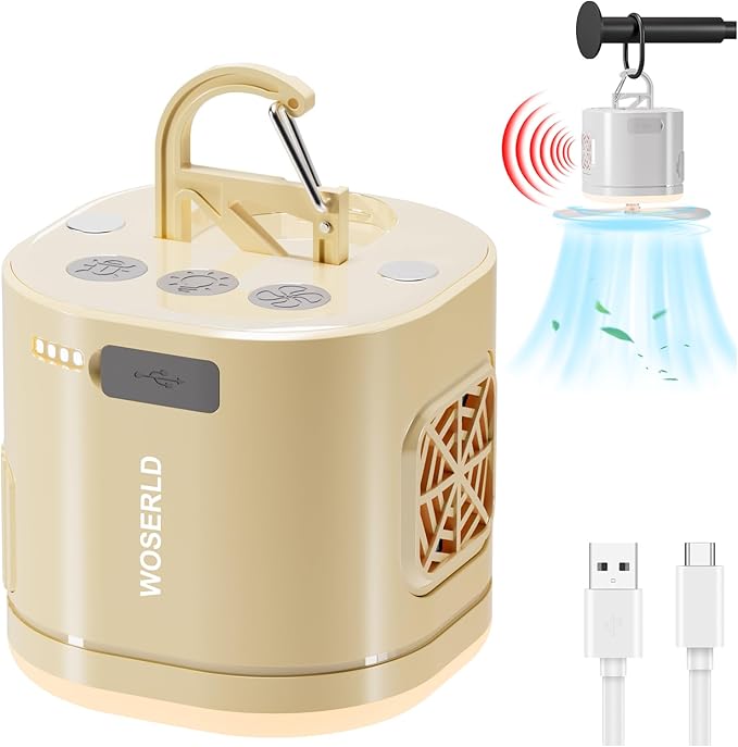 Portable Camping Light Camping Fan & Ultrasonic 3-in-1 Tent Lights USB Rechargeable 1200mAh Battery Outdoor LED Light & SOS Light ,with Hook Magnet Suitable for Indoor Outdoor Hiking (Khaki)