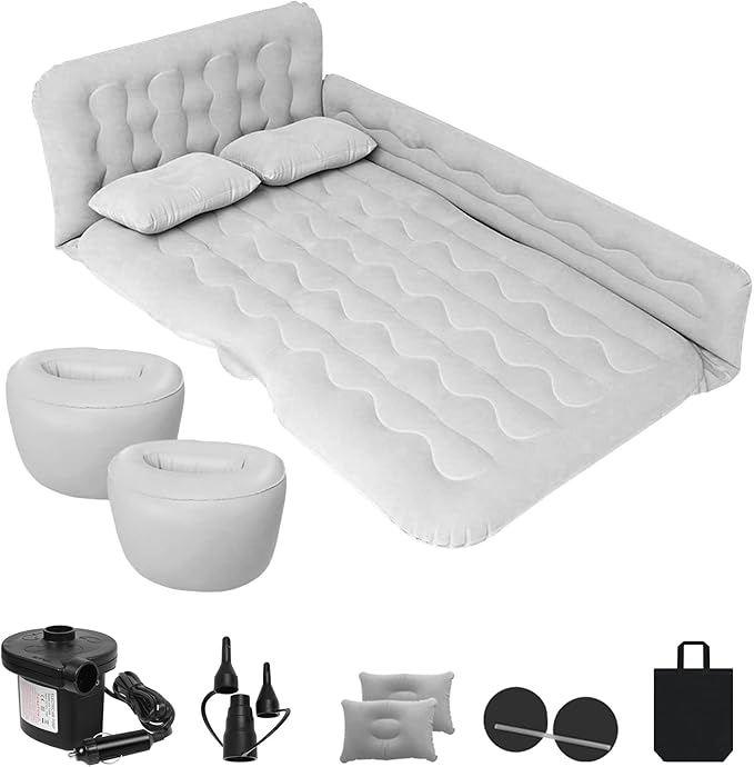 ISWEES Car Bed SUV Air Mattress, Car Air Mattress with Electric Pump, 2 Inflatable Pillows and 2 Footrests for Back Seat, Side Seat,Trunk Sleeping, Thickened Camping Bed - Grey