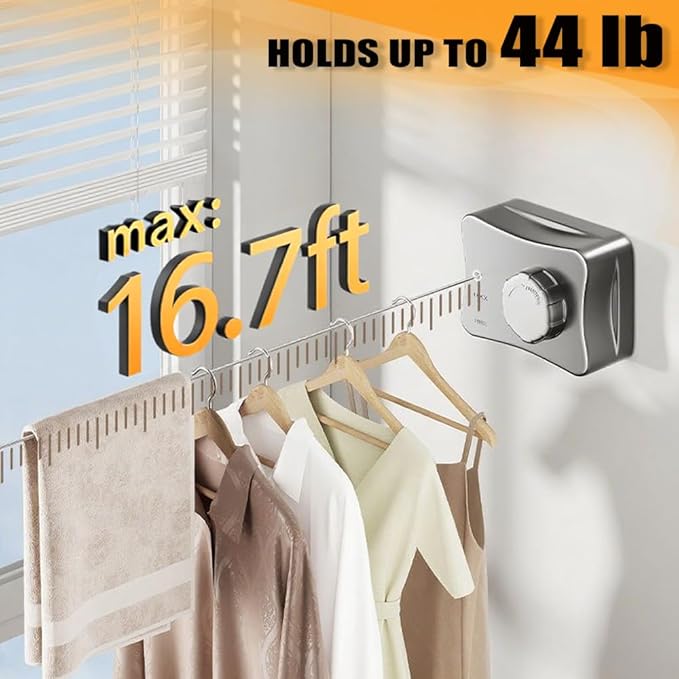Retractable Clothesline Indoor Outdoor Clothes Line Kit, Heavy Duty Clothes Drying Laundry Line 16.7ft Wall Mounted Drying Rack Non-Sagging Air Dry Clothing Travel Clotheslines (Metal Grey)