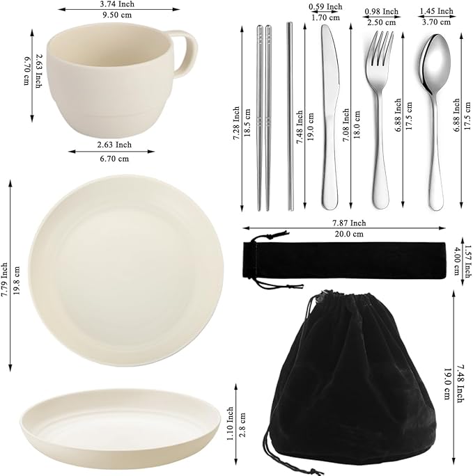 Camping Essentials Set, HOMQUEN Camping Plates and Bowls Set, Coffee Mug, Travel Cutlery Set Include Spoon, Fork, Knife for Work, Outdoor,Picnic, Camp （White）