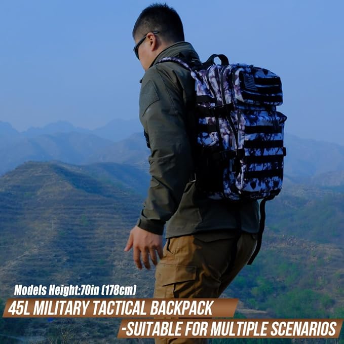 Military Tactical Backpack 45L Large Tactical Backpack for Men, Hiking Rucksack With Bottle Holder