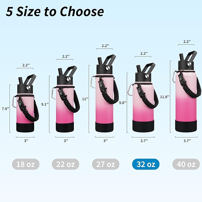 BJPKPK 32oz Insulated Water Bottles with 3 Lids, Paracord Handle & Non-slip Boot, Stainless Steel Metal Water Bottle,Reusable BPA Free Thermo, Tumblers, Cherry