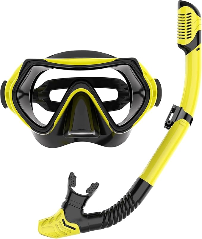 Snorkeling Gear for Adults, JRing Snorkel Mask Set with 180 Degree Tempered Glass Anti Fog Goggles Scuba Dry Top Snorkel for Swimming, Scuba Diving Mask for Men Women