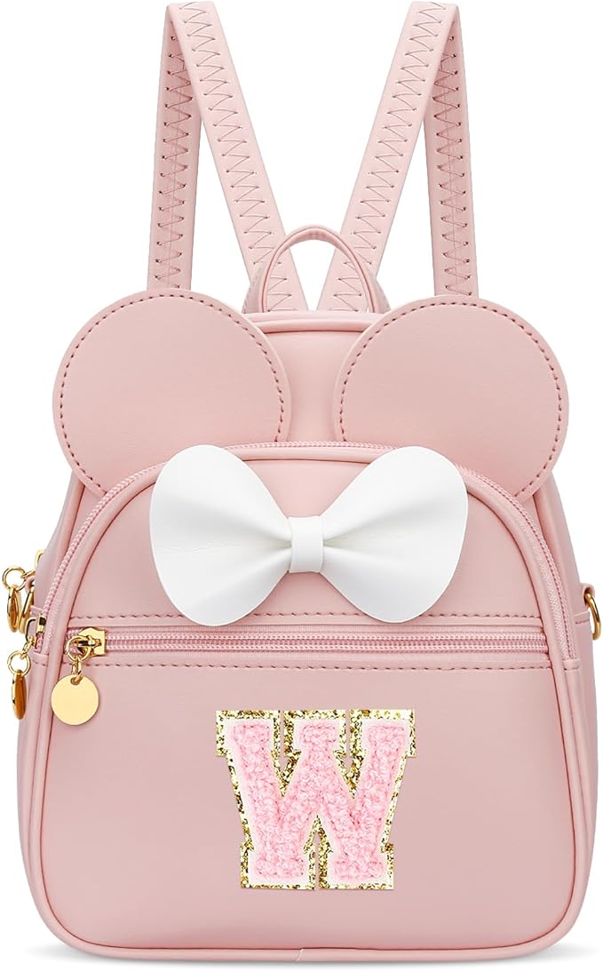 KKXIU Girls Initial Bowknot Cute Mini Backpack for Toddler, Travel Small Girl Backpacks, Personalized Birthday Gifts for Little Girls and Kids(W, Pink)