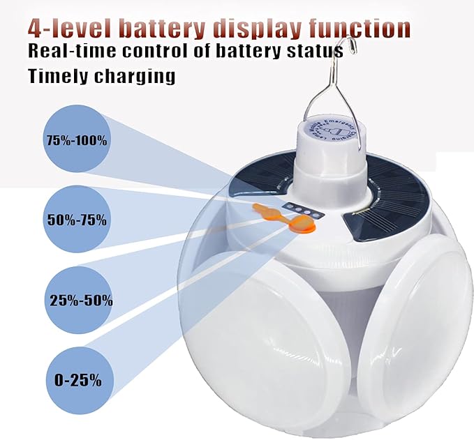 Folding Camping Solar Lamp Lights Waterproof Hanging Tent Collapsible Lantern 4000mah Remote Control Blub LED USB Rechargeable Foldable Portable for Home Indoor Outdoor Emergency Power Outage 1 Pack