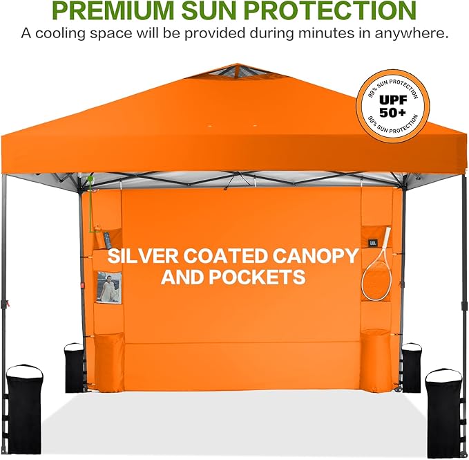 10'x10' Pop Up Canopy Tent with 1 Sidewall and 6 Pockets, One Push Setup, Instant Shade Tent with Vented Roof for Beach Patio Outdoor, Case, 8 Stakes, 4 Ropes, 4 Sandbags (Orange, 10x10)