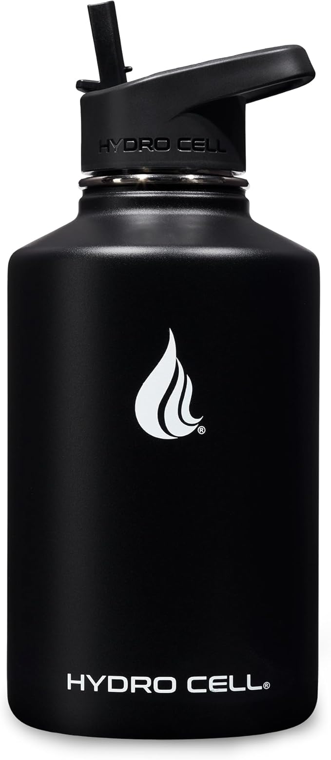 HYDRO CELL Stainless Steel Insulated Water Bottle with Straw - For Cold & Hot Drinks - Metal Vacuum Flask with Screw Cap and Modern Leakproof Sport Thermos for Adults (Black 64oz)