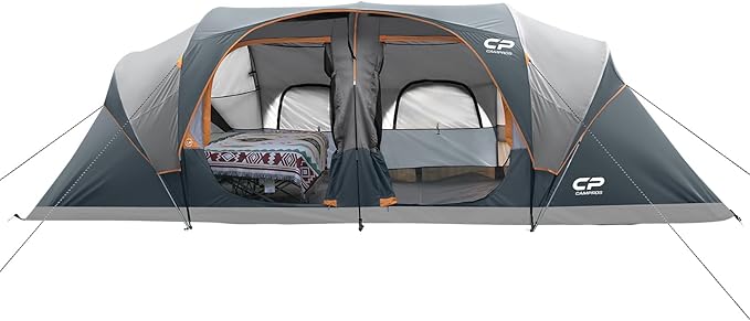 CAMPROS CP Tent 12-Person-Camping-Tents,3 Room Family Tents,Waterproof Windproof Family Tent with Top Rainfly,6 Large Mesh Windows,Double Layer,Easy Set Up, Portable with Carry Bag-20' x 9' x 72"(H)