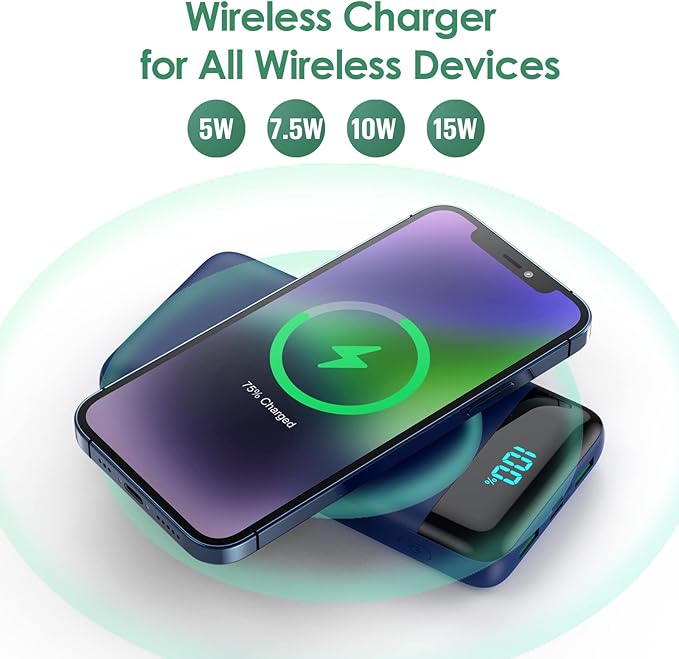 Wireless Portable Charger 30,800mAh 15W Wireless Charging 25W PD QC4.0 Fast Charging Smart LED Display USB-C Power Bank,4 Output& 2 Input External Battery Pack Compatible with iPhone, Samsung etc-Blue