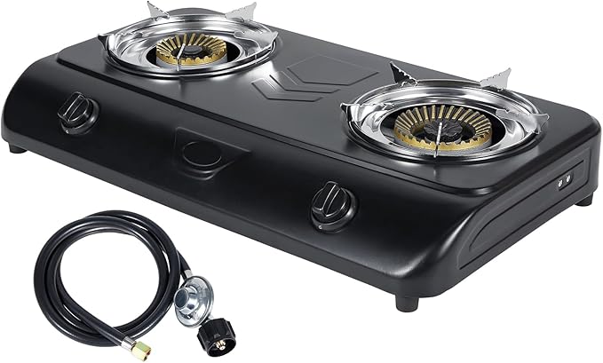 BESTFIRE 30000 BTU Double Burner Propane Gas Stove, Portable Outdoor Camping Cooker with Auto Ignition, Rust-Resistant Alloy Steel, CSA Regulator & Hose, for BBQ, RV, Tailgating, 28.74"×14.76"×5.51"